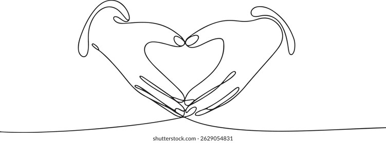 Continuous one line drawing of two hands forming a heart shape, minimalist love and unity symbol in black and white art

