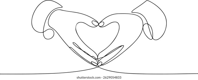 Continuous one line drawing of two hands forming a heart shape, minimalist love and unity symbol in black and white art

