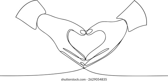 Continuous one line drawing of two hands forming a heart shape, minimalist love and unity symbol in black and white art


