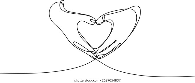 Continuous one line drawing of two hands forming a heart shape, minimalist love and unity symbol in black and white art

