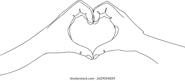 Continuous one line drawing of two hands forming a heart shape, minimalist love and unity symbol in black and white art

