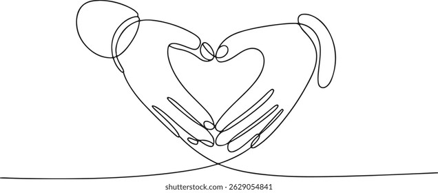 Continuous one line drawing of two hands forming a heart shape, minimalist love and unity symbol in black and white art

