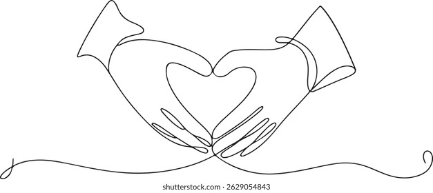 Continuous one line drawing of two hands forming a heart shape, minimalist love and unity symbol in black and white art

