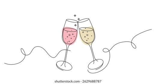 Continuous one line drawing of two champagne glasses. Illustration in simple linear style. Vector isolated on white background