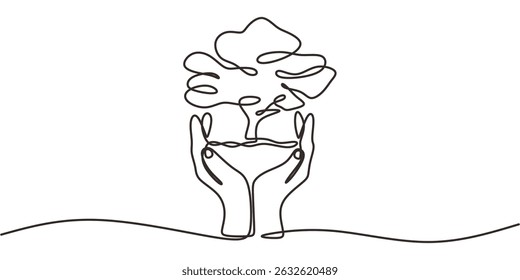 Continuous One Line Drawing Two Hands Holding Plant. Save the Planet Sustainability Icon. Eco Friendly Care.