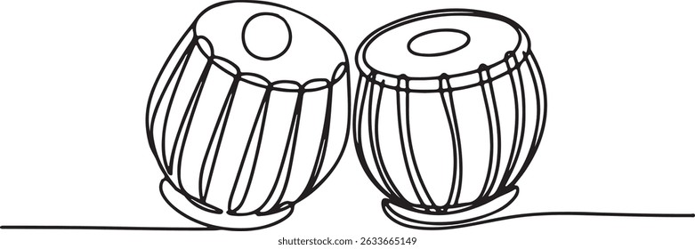 Continuous one line drawing of two traditional Indian tabla drums, minimalist cultural music illustration


