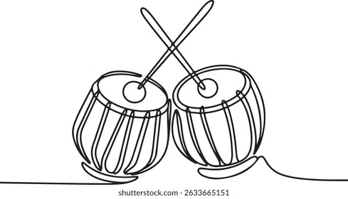 Continuous one line drawing of two traditional Indian tabla drums, minimalist cultural music illustration

