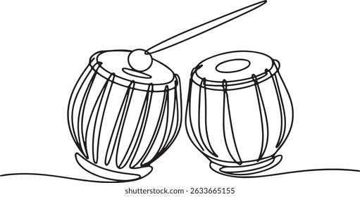 Continuous one line drawing of two traditional Indian tabla drums, minimalist cultural music illustration

