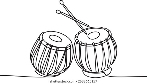 Continuous one line drawing of two traditional Indian tabla drums, minimalist cultural music illustration

