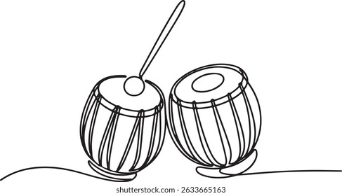 Continuous one line drawing of two traditional Indian tabla drums, minimalist cultural music illustration


