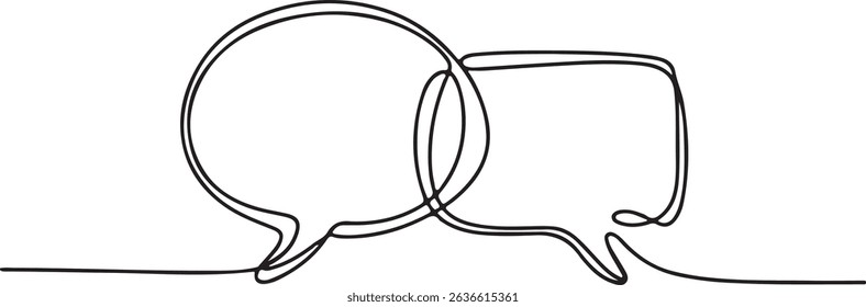 Continuous one line drawing of two speech bubbles with modern minimalist style on white background in black ink

