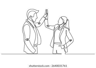Continuous one line drawing of Two professional businessmen giving highfive. Single line drawing illustration of Partnership high five. Ipo profit victory concept vector art. Doodle line illustration.