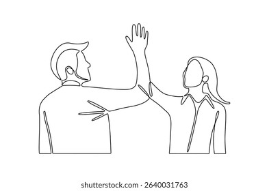 Continuous one line drawing of Two professional businessmen giving highfive. Single line drawing illustration of Partnership high five. Ipo profit victory concept vector art. Doodle line illustration.