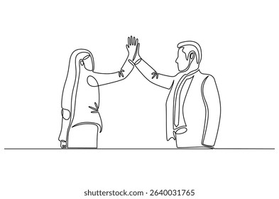 Continuous one line drawing of Two professional businessmen giving highfive. Single line drawing illustration of Partnership high five. Ipo profit victory concept vector art. Doodle line illustration.