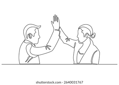 Continuous one line drawing of Two professional businessmen giving highfive. Single line drawing illustration of Partnership high five. Ipo profit victory concept vector art. Doodle line illustration.