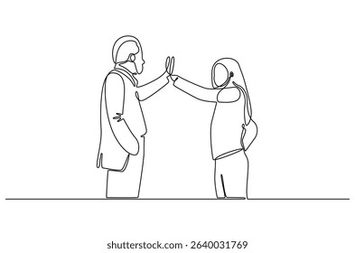 Continuous one line drawing of Two professional businessmen giving highfive. Single line drawing illustration of Partnership high five. Ipo profit victory concept vector art. Doodle line illustration.