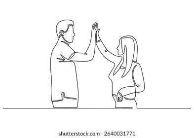 Continuous one line drawing of Two professional businessmen giving highfive. Single line drawing illustration of Partnership high five. Ipo profit victory concept vector art. Doodle line illustration.