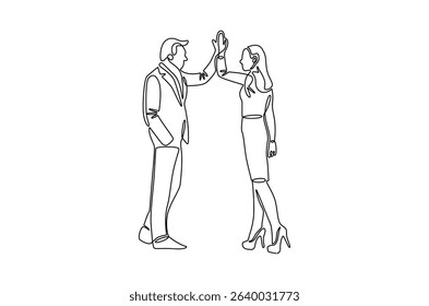 Continuous one line drawing of Two professional businessmen giving highfive. Single line drawing illustration of Partnership high five. Ipo profit victory concept vector art. Doodle line illustration.