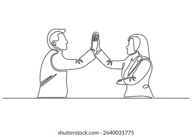 Continuous one line drawing of Two professional businessmen giving highfive. Single line drawing illustration of Partnership high five. Ipo profit victory concept vector art. Doodle line illustration.