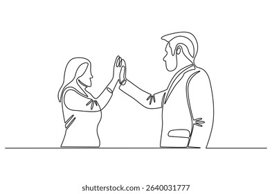 Continuous one line drawing of Two professional businessmen giving highfive. Single line drawing illustration of Partnership high five. Ipo profit victory concept vector art. Doodle line illustration.