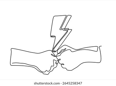 Continuous one line drawing of two fists and lighting strike icon. Clashing emphasizing conflict. Confrontation concept. Hand drawn one line vector. Editable stroke