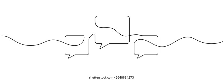 Continuous one line drawing of two speech bubbles with modern minimalist style on white background in black ink . EPS 10 .