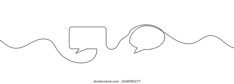 Desenho contínuo de uma linha de duas bolhas de fala com estilo minimalista moderno em fundo branco em tinta preta . EPS 10
