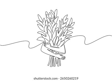Continuous one line drawing two hands hugging the leafy tree trunks. Symbolism of humans protecting plants with all their hearts. Protector. Tree Concept. Single line draw design vector illustration