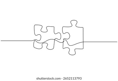 Desenho contínuo de uma linha de duas peças de quebra-cabeça, duas peças de quebra-cabeça conectadas desenho contínuo de uma linha. Vetor isolado no branco.