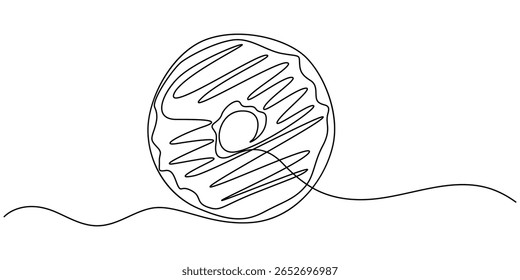 Continuous one line drawing of two delicious donuts with topping isolated on white background. Food concept vector illustration, one continuous line drawing two delicious donuts with colorful topping