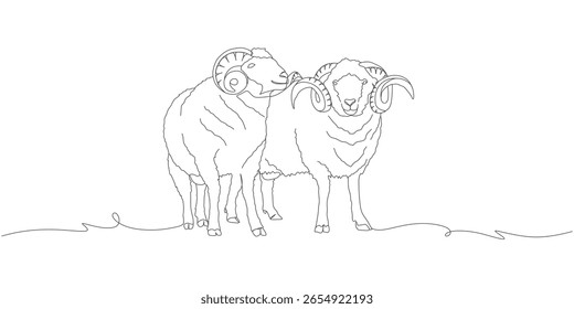 Continuous One Line Drawing of Two Horned Rams Standing Together
