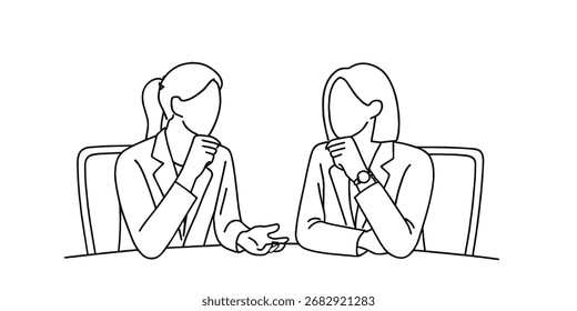 Um desenho contínuo de uma linha de duas jovens empresárias felizes discutindo um contrato de projeto durante uma reunião. Ilustração de vetor de linha única minimalista representando trabalho em equipe, colaboração