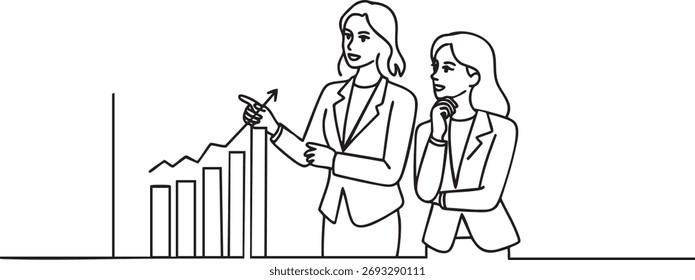 Desenho contínuo de uma linha de duas empresárias discutindo um gráfico de barras ascendente-tendencial representando colaboração e crescimento estratégico