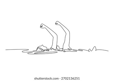 Uma linha contínua desenhando duas mulheres estão executando a posição vertical invertida sincronizada na água. Graça, precisão, movimento fluido do esporte aquático. Ilustração gráfica vetorial de design de desenho de linha única