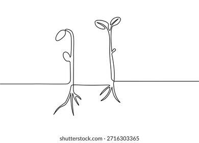 Dibujo continuo de una línea de dos plantas Pequeñas con raíces y hojas sobre un fondo blanco