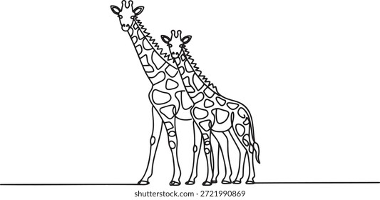 Continuous one line drawing of two giraffes standing wildlife animal family. Simple minimalistic vector sketch illustrating nature and safari concept. Abstract illustration of parent and baby giraffe for logo or graphic design. Artistic single line art outline drawing on transparent background.
