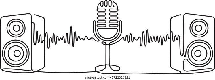 Durchgehende einzeilige Zeichnung von zwei Lautsprechern mit Schallwellen und Retro-Studio-Mikrofon. Moderne Technik und Musikgerätekonzept. Professionelle Audioaufnahme und Tonproduktion. Live-Konzert- oder Podcast-Tools. Gliederungsdesign auf isoliertem Hintergrund.