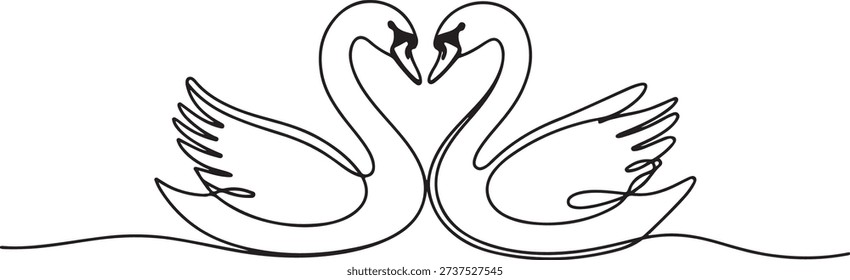 Continuous one line drawing of two graceful swans forming a heart shape with their necks