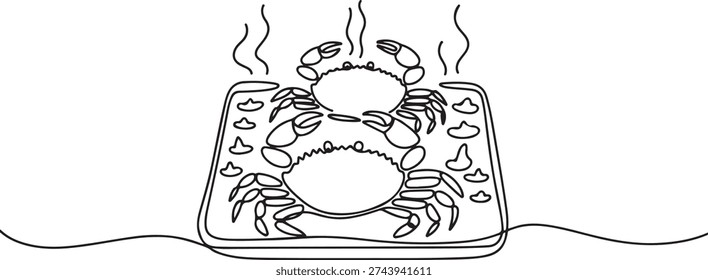 Continuous one line drawing two crabs on a square plate. Big size, satisfied when eating it. Spicy curry boiled crab. Very tasty. National Crab Meat Day. one line Icon drawing
