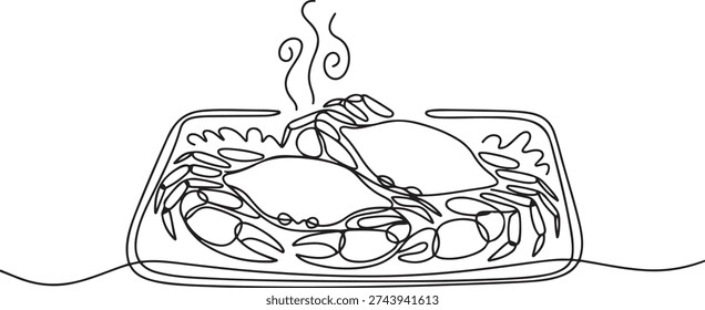 Continuous one line drawing two crabs on a square plate. Big size, satisfied when eating it. Spicy curry boiled crab. Very tasty. National Crab Meat Day. one line Icon drawing
