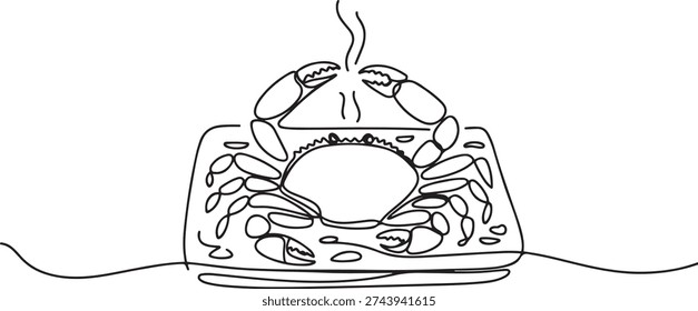 Continuous one line drawing two crabs on a square plate. Big size, satisfied when eating it. Spicy curry boiled crab. Very tasty. National Crab Meat Day. one line Icon drawing
