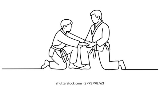 Continuous one line drawing of two people wearing martial arts uniforms practicing judo or karate kneeling together in a simple minimalist style illustration Vector, illustration