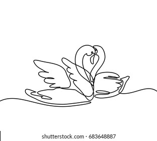 Continuous one line drawing. Two swans logo. Black and white vector illustration. Concept for logo, card, banner, poster, flyer