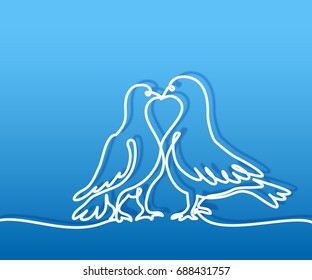 Continuous one line drawing. Two doves kissing logo. White on blue gradient background vector illustration. Concept for logo, card, banner, poster, flyer