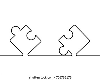 Continuous one line drawing of two pieces of jigsaw on white background. EPS10 vector illustration for banner, template, poster, backdrop, web, app. Black thin line of puzzle icon.