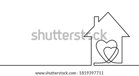 Continuous one line drawing Two hearts inside house, Love and family symbol. Minimalist contour vector illustration made of single thin line