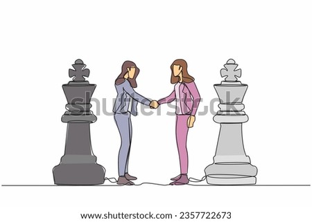 Continuous one line drawing two businesswomen shaking hands together while standing between of king chess pieces. Negotiation skill to deal with competitor. Single line draw design vector illustration