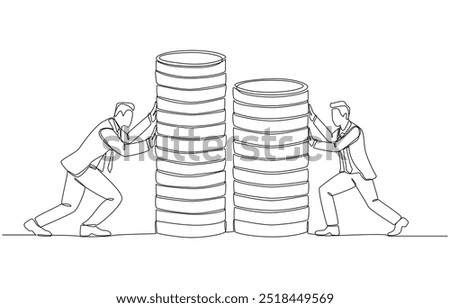 Continuous one line drawing of two businessmen pushing two stacks of coins together, business joint venture concept, single line art.