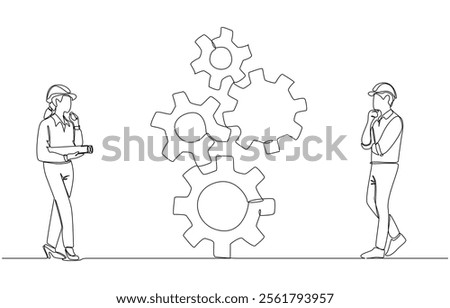 Continuous one line drawing of two young engineers looking at gear mechanism and thinking, inspection of engineering mechanism in industry concept, single line art
