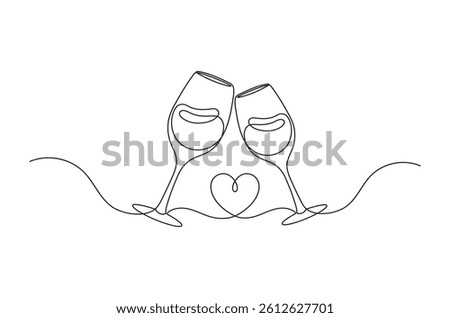 Continuous one line drawing of two wine glasses, wine glass one line art, linear style, isolated on a white background